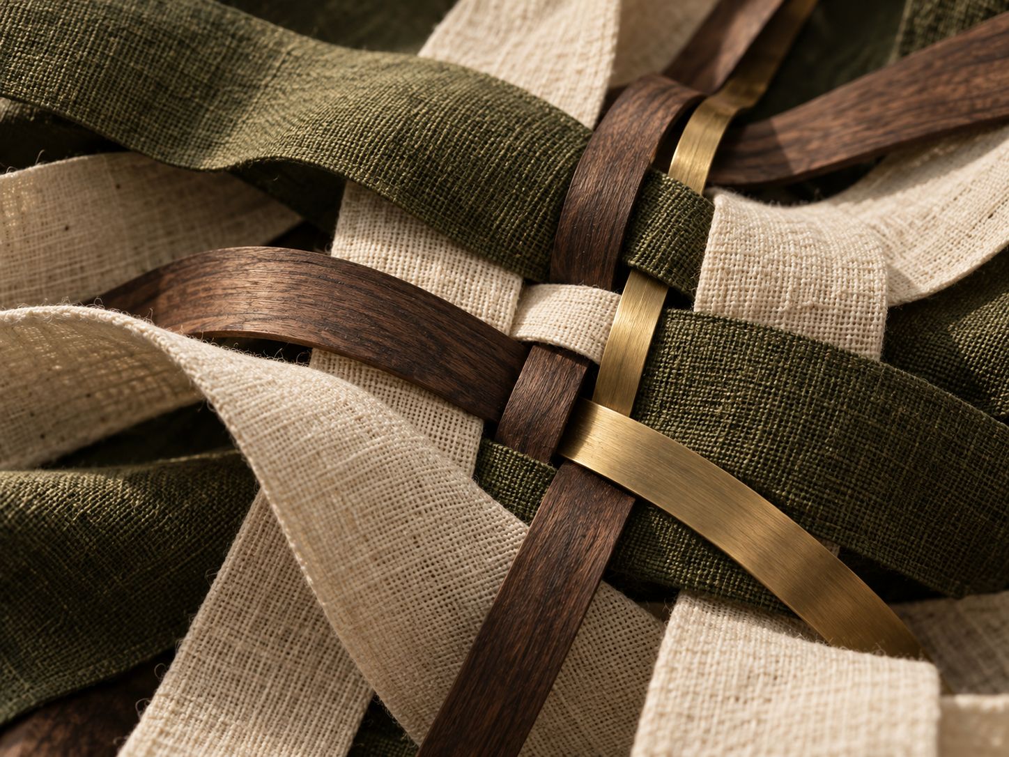 Conceptual close-up of olive and ivory linen, walnut and brass woven together.