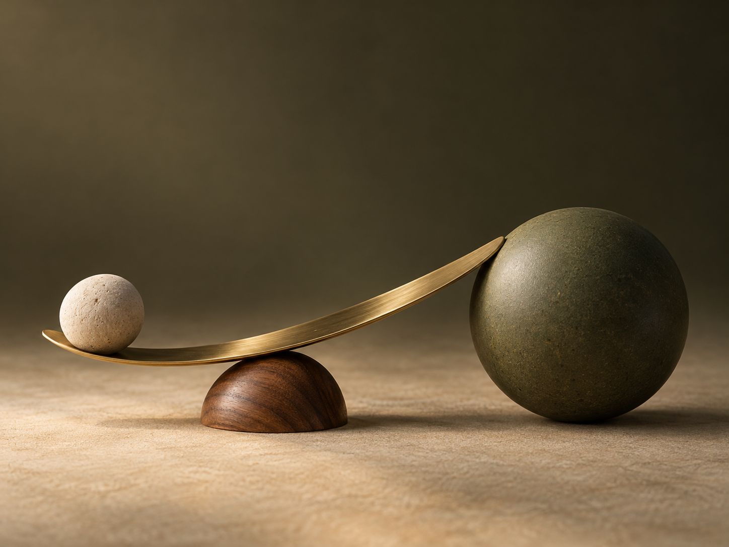 Conceptual balance study with limestone and olive spheres, a curved brass strip and a walnut support.