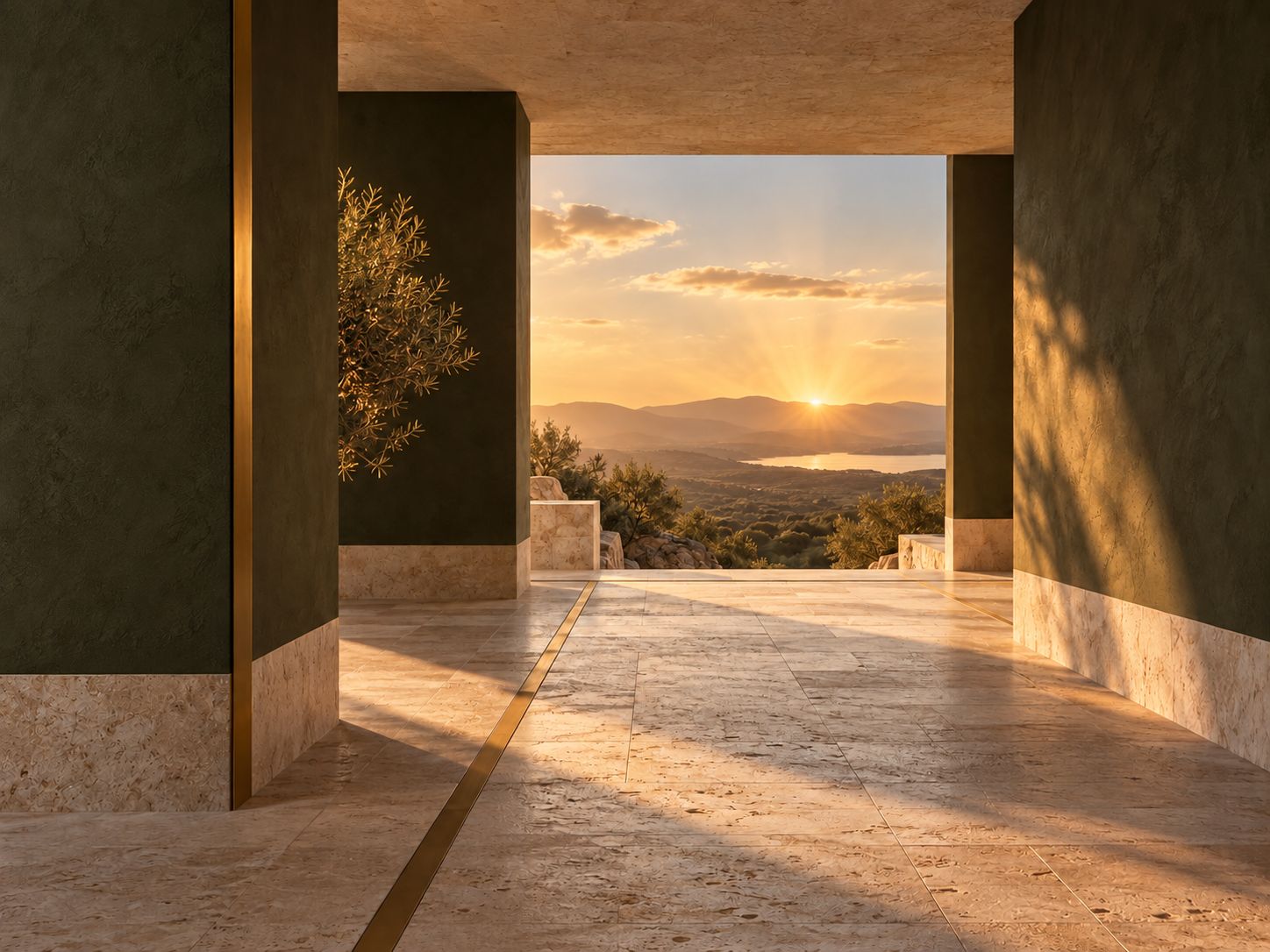 Conceptual image of an olive-toned passage opening onto golden rays cresting a distant mountain horizon, with a brass line guiding through the foreground.
