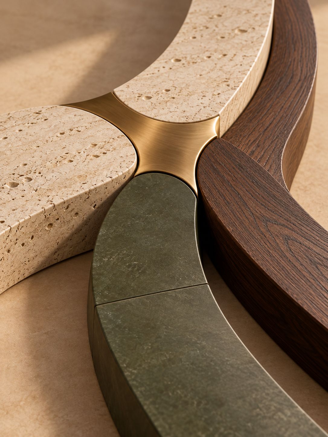 Conceptual close-up of limestone, olive ceramic and walnut curves meeting at a brushed brass junction.
